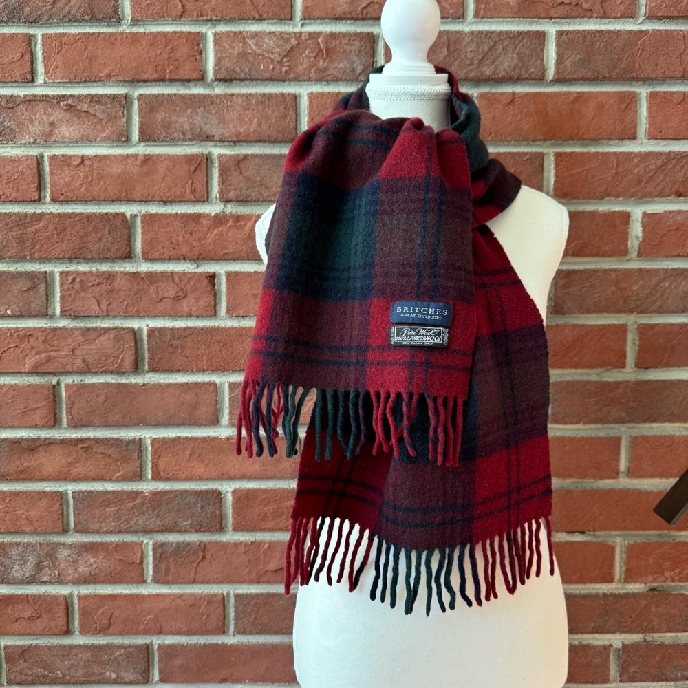 •Britches Lambswool Plaid Fringed Scarf 12”x62” Made In Italy NWOT